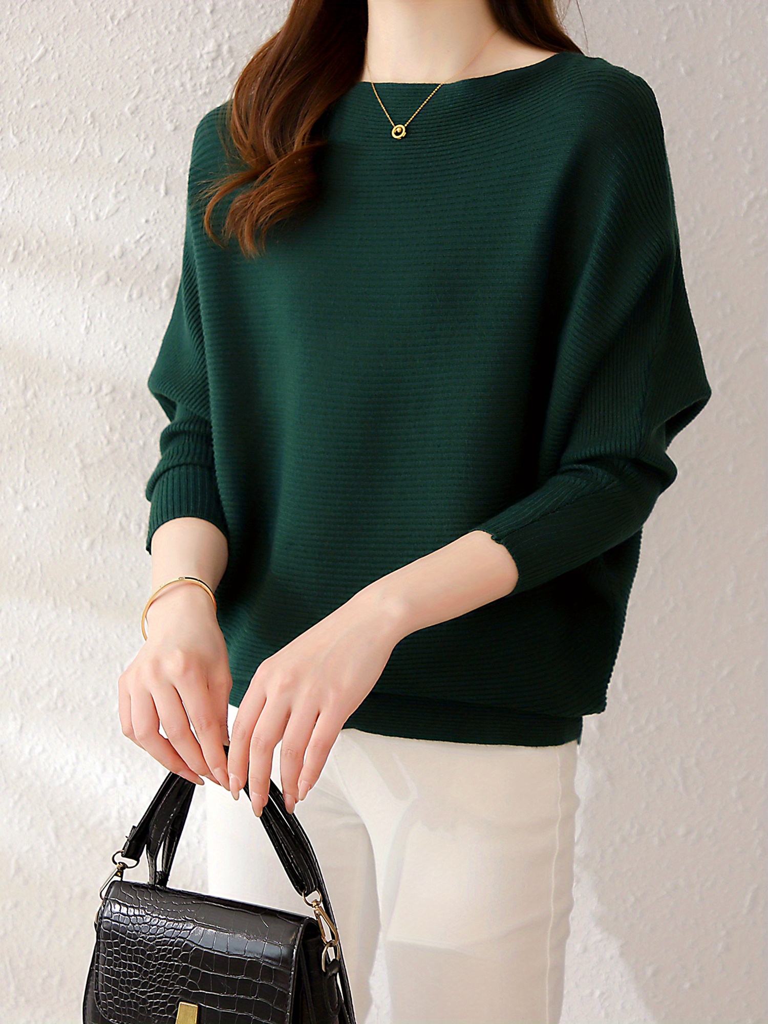 solid batwing sleeve knit sweater casual boat neck sweater for spring fall womens clothing details 4