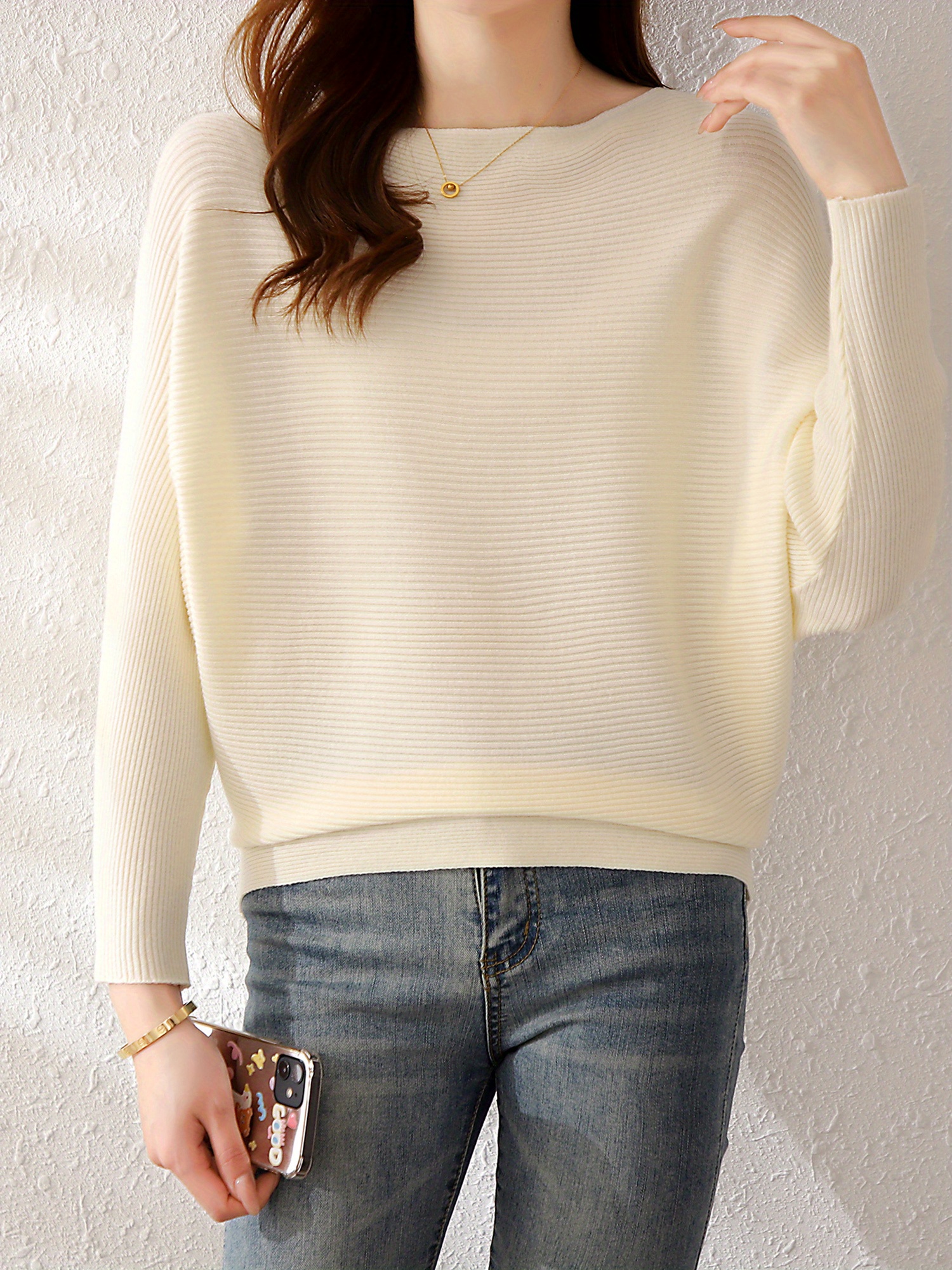 solid batwing sleeve knit sweater casual boat neck sweater for spring fall womens clothing details 5