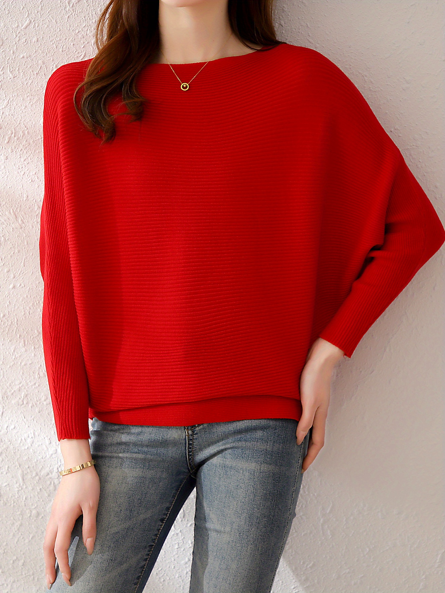 solid batwing sleeve knit sweater casual boat neck sweater for spring fall womens clothing details 8