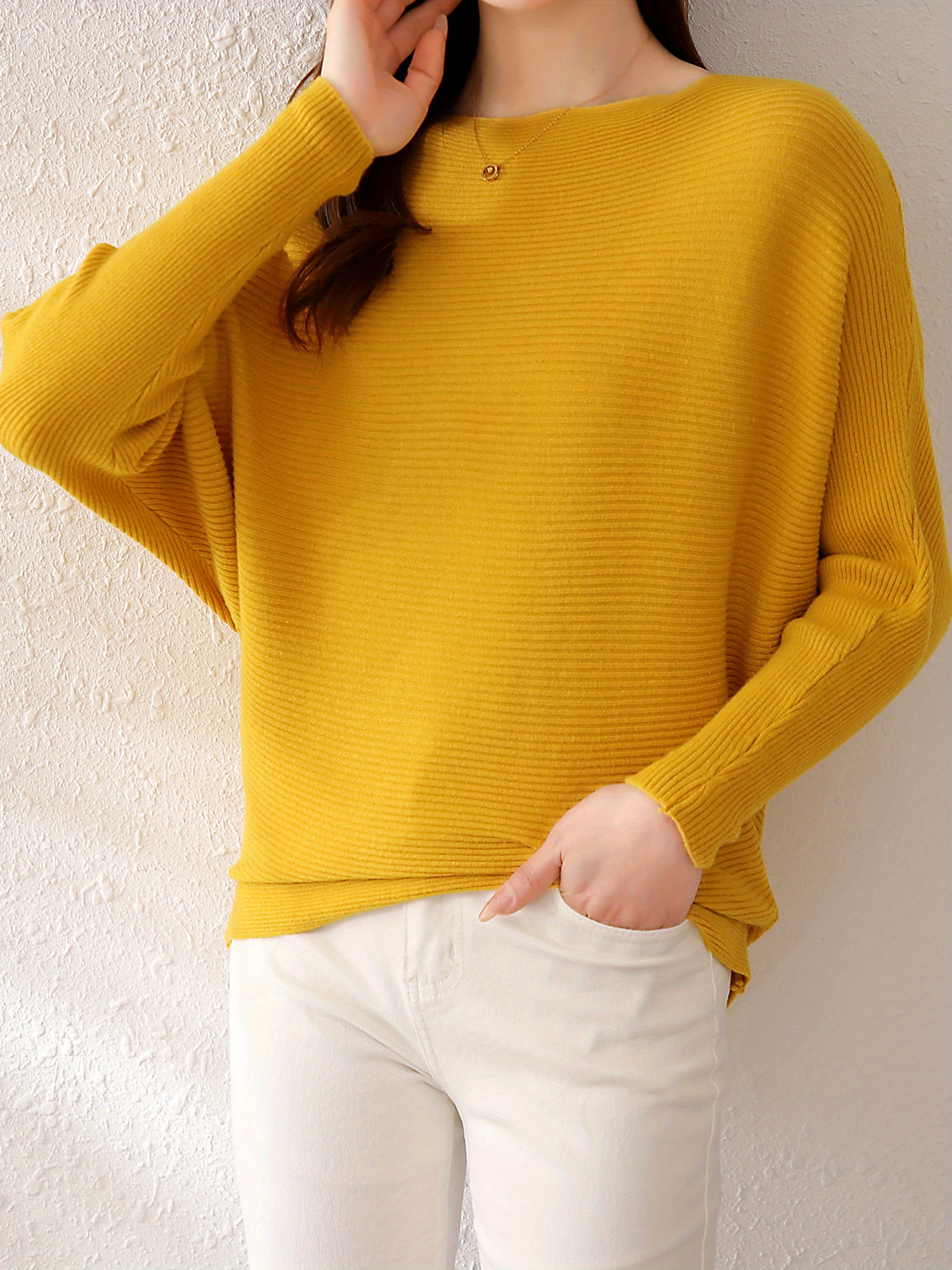 solid batwing sleeve knit sweater casual boat neck sweater for spring fall womens clothing details 10